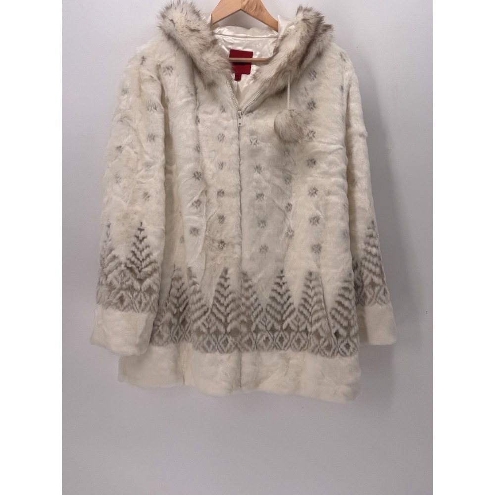 Vintage Black Mountain Faux Fur Hooded Coat Ivory Christmas Theme Hooded Size 2X
